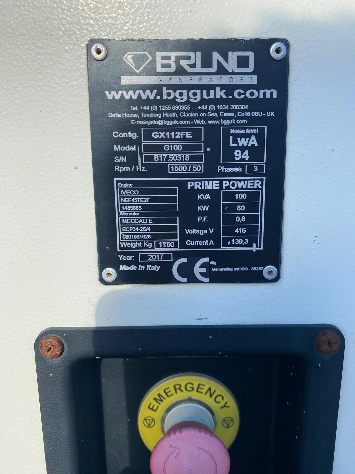 2017 BRUNO GX112FE3 100KVA 3PH SILENCED DIESEL GENERATOR - Image 8